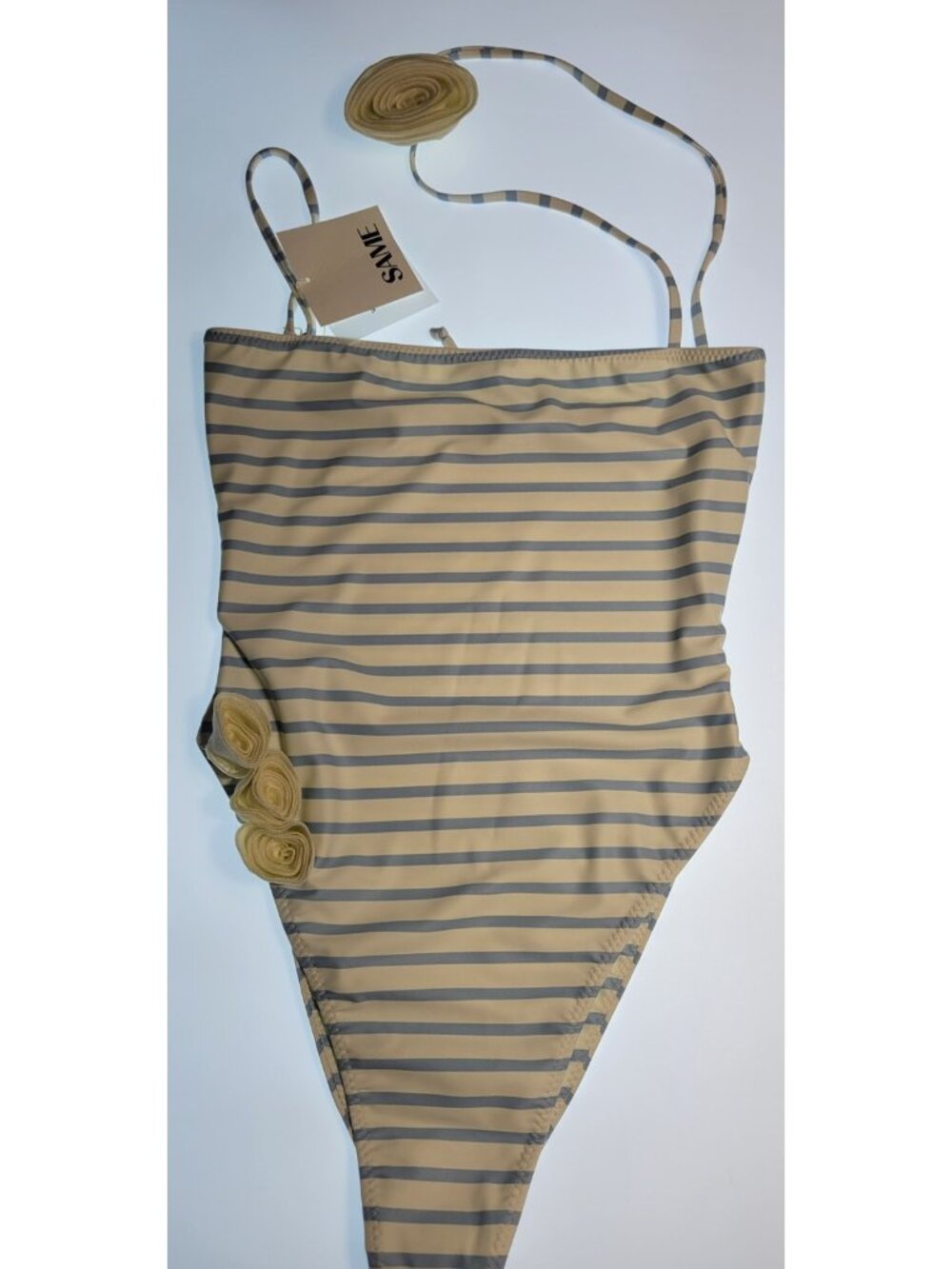 SAME Los Angeles Sample Rosette Choker One Piece Swimsuit Womens M Striped Beige